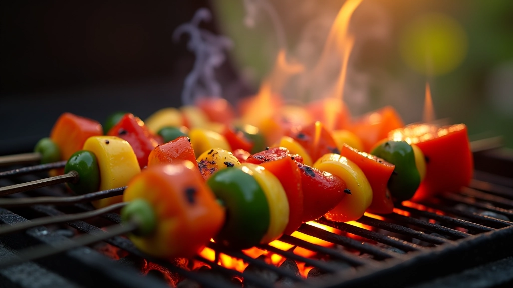 Espetadas de vegetais sobre grelha quente com carvão, rodadas a meio da confeção, mostrando marcas de grelha e cor castanha dourada