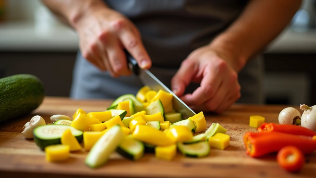 Mão a cortar pimento em cubos uniformes de tamanho adequado para espetada, com faca de chef em tábua de corte