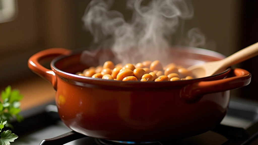 Guisado de feijão frade a cozinhar numa panela de barro vermelha tradicional portuguesa, vapor subindo