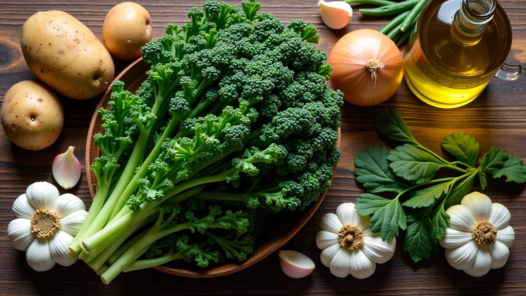 Ingredientes dispostos numa mesa: batatas, couve frondosa, alho, cebola e garrafa de azeite português
