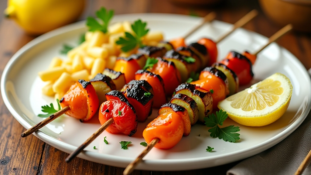 Espetadas de vegetais acabadas de grelhar, arranjadas em prato branco com limão fresco e salsa, vapor ainda a subir