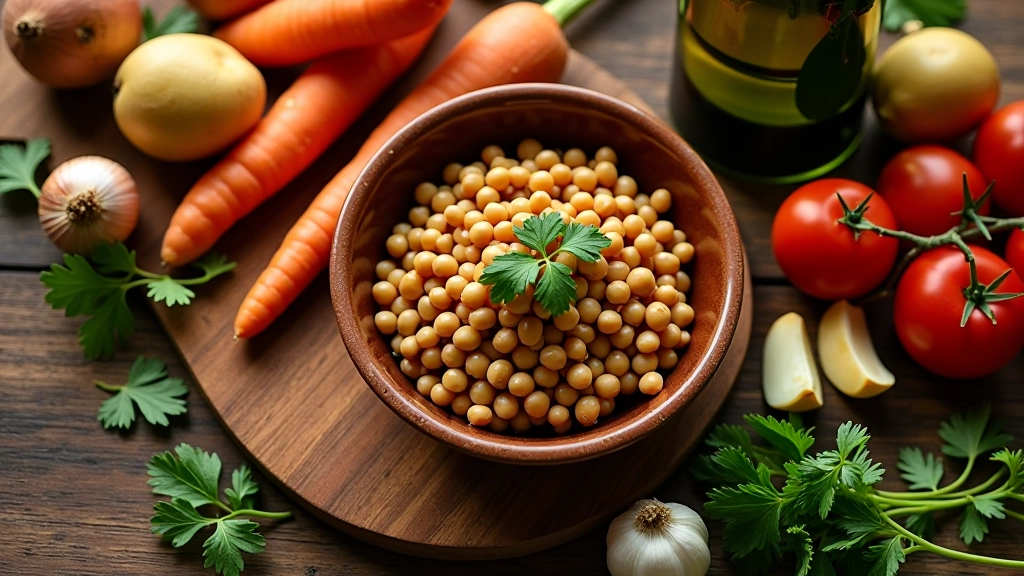 Ingredientes frescos para feijão frade guisado: cenoura, cebola, alho e feijão em recipientes de barro