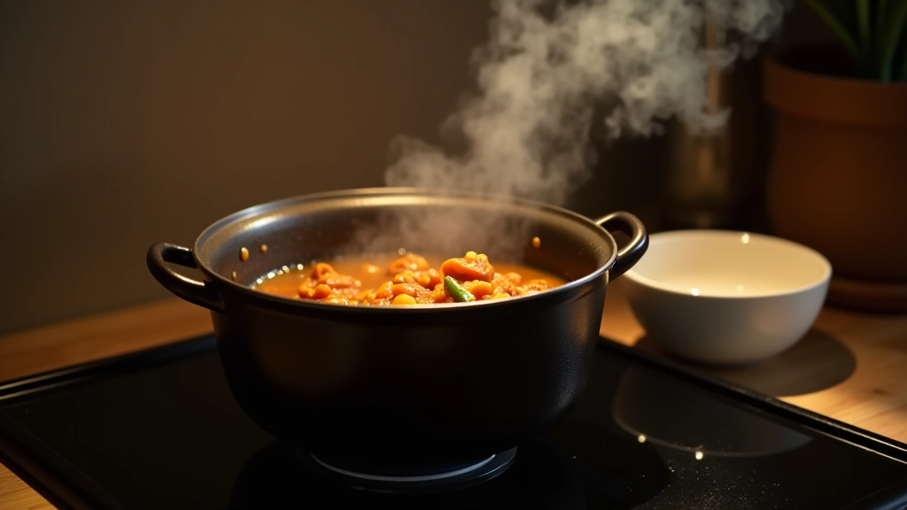 Panela grande com caldo verde em lume brando, vapor a sair da tigela de porcelana branca