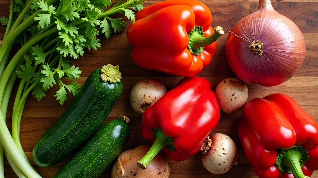 Curgete, pimento vermelho, cebola roxa e cogumelos frescos em tábua de corte, prontos para espetadar