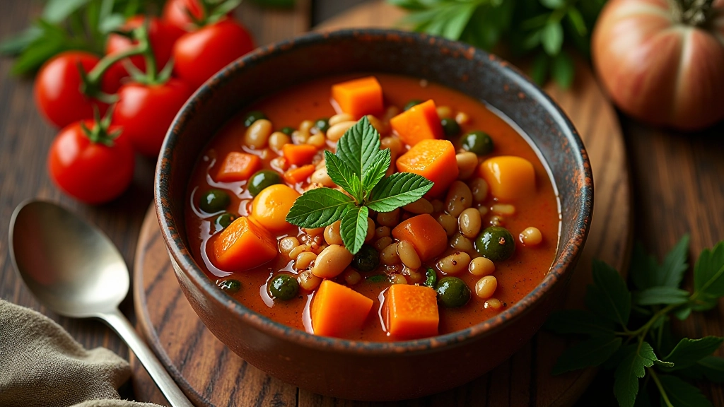 Refeição vegetariana portuguesa com legumes grelhados e feijão guisado