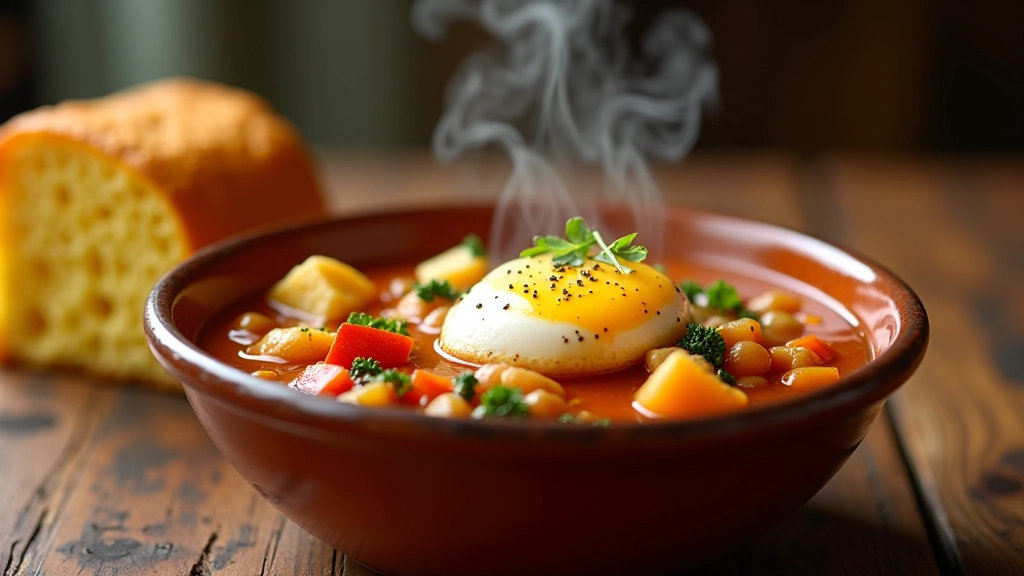 Tigela de açorda de legumes com broa de milho e ovo escalfado