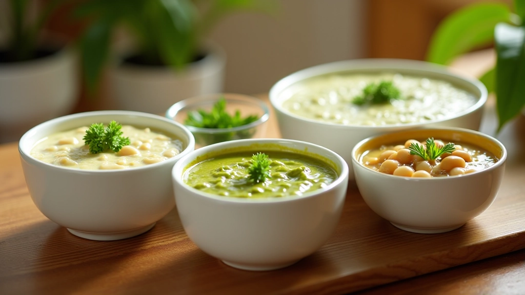 Três tigelas diferentes: caldo verde clássico, versão cremosa com textura homogénea, e variação com feijão visível